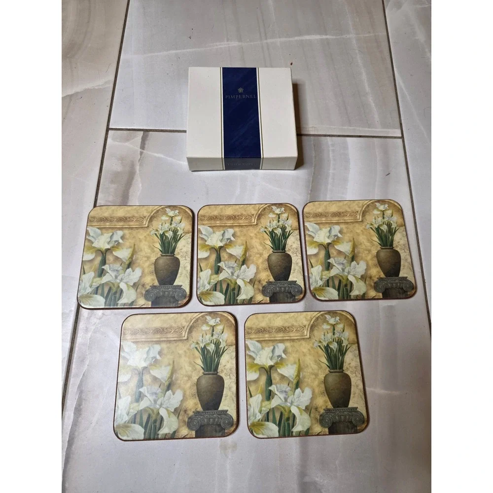 Pimpernel Coasters Set of 5 White Iris Floral Cork Back Made in‎ England E2